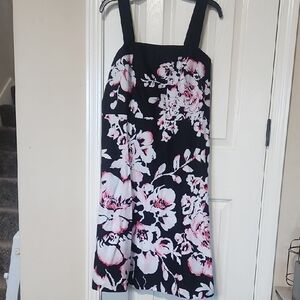 Fashion Bug Black Midi Dress with White and Pink Floral Print